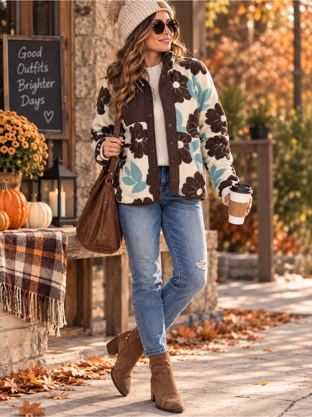 Thread & Supply Floral Fleece Jacket Women’s S Brown Blue Cozy Fall Sherpa